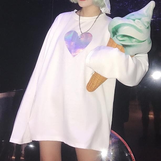 White/Pink Harajuku Hologram Laser Heart Loose T-shirt SP1710706