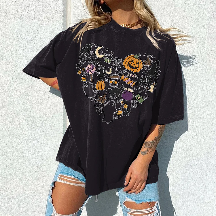 Vefave Boo Cat Print Short Sleeve T-Shirt