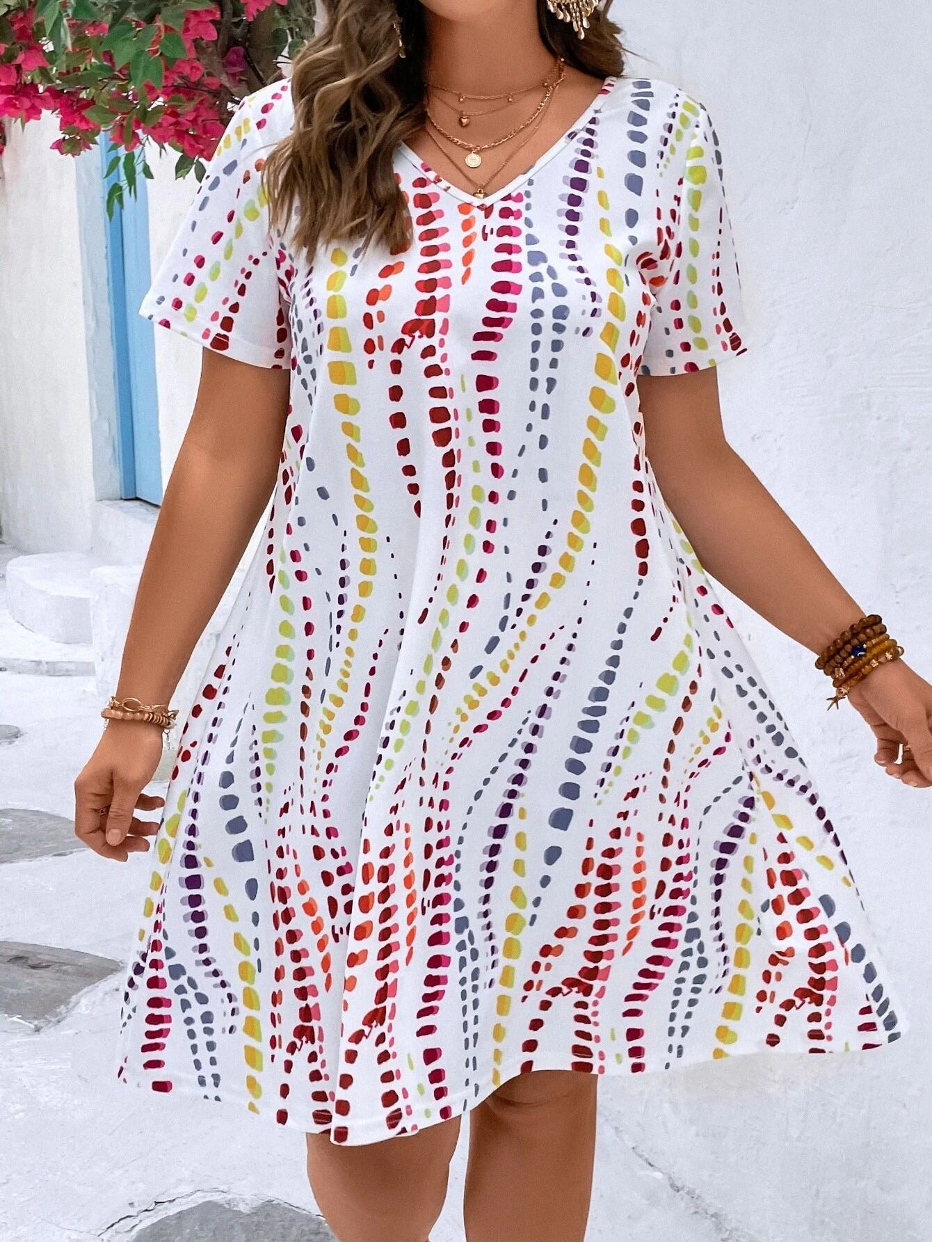 Women's Allover Print V Neck Tee Dress