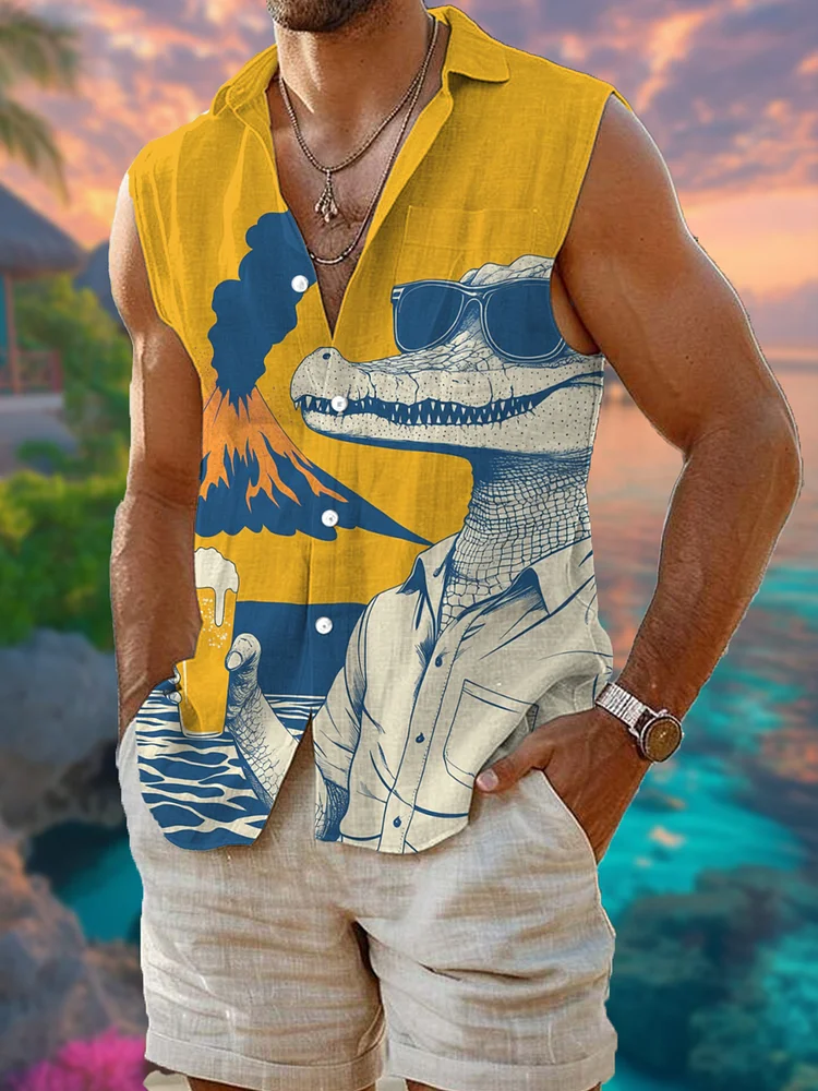 Men's A Crocodile Drinking Beer Watching A Volcanic Eruption Art Print Sleeveless Shirt