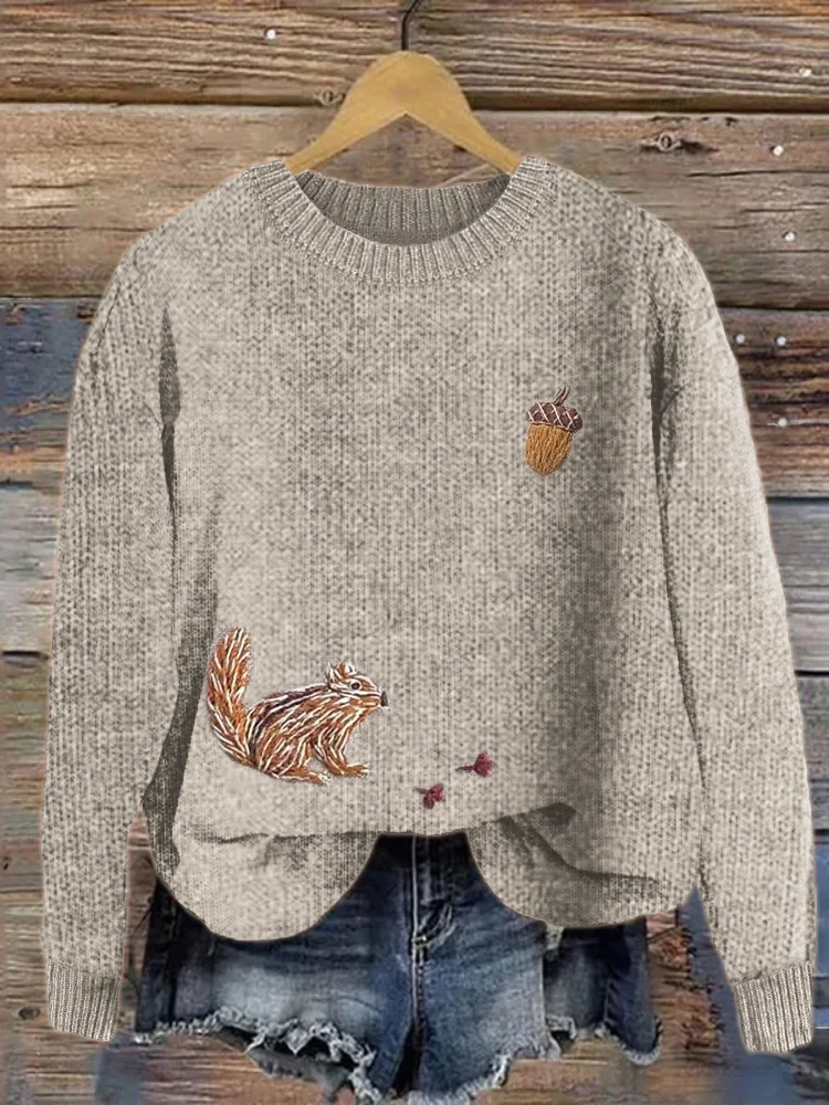 Squirrel & Acorn Embroidered Cozy Knit Sweater