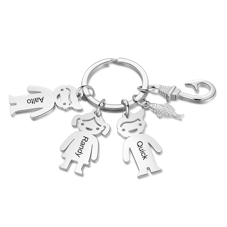 Fish Hook Key Chain with 3 Children Charms Engraved Names Personalized Key Chain