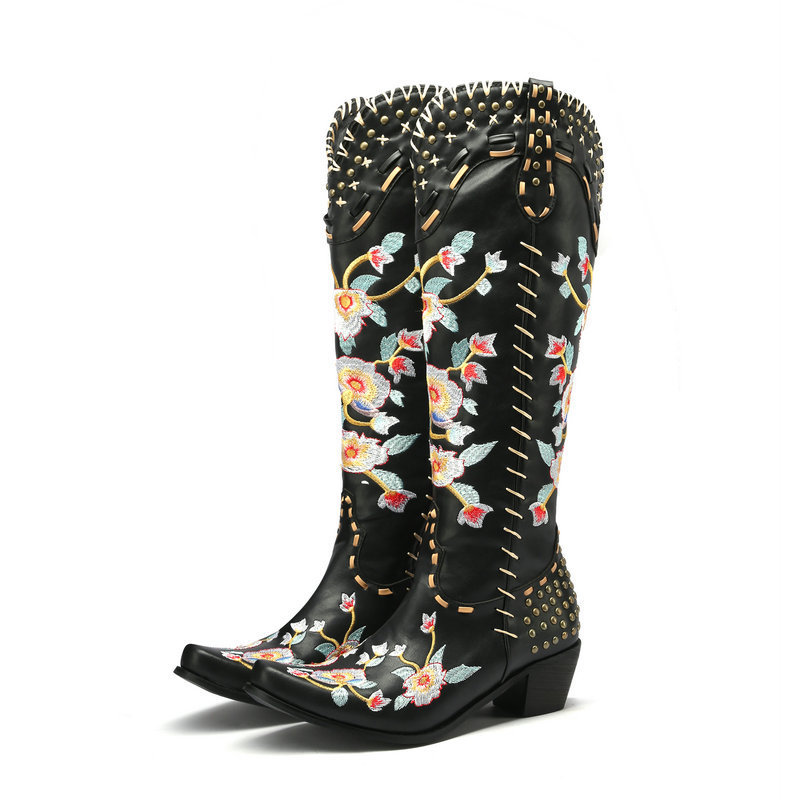 TAAFO White Black Embroidery Flowers Knee High Boots Western Cowgirl Boots Boots For Women And Girls