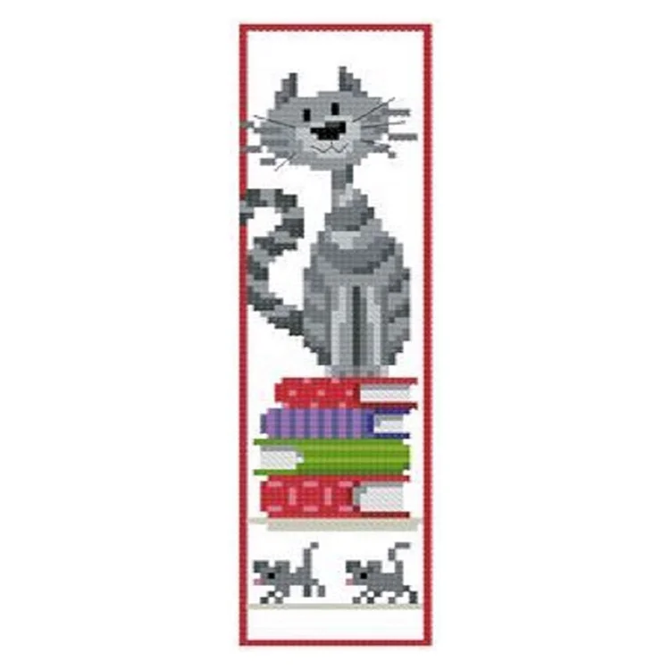 11CT Stamped Double-Sided Cat Sit On Book Cross Stitch Bookmark Kit 18x6cm