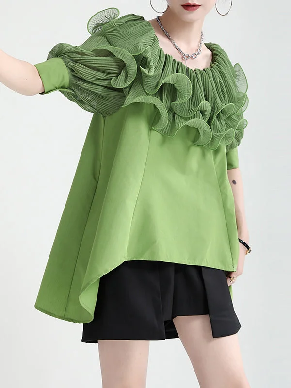 Stylish Solid Color Split-Joint Falbala Pleated Round-Neck Bishop Sleeves Blouse