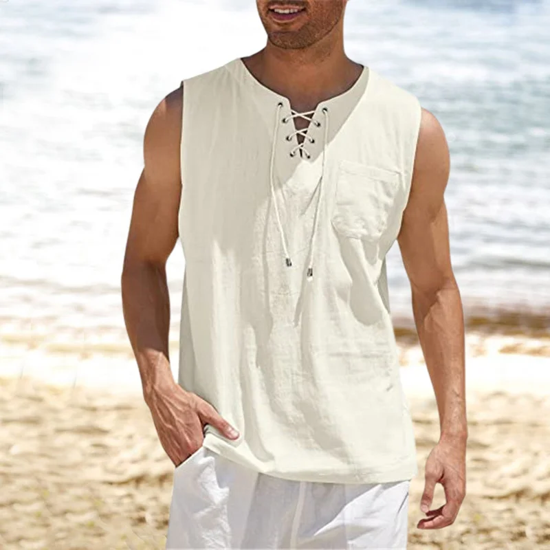 Lace-Up Linen Tank Top-inspireuse