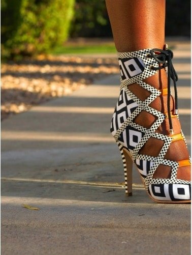 Black and White Heels Lace Up Peep Toe Strappy Sandals |FSJ Shoes