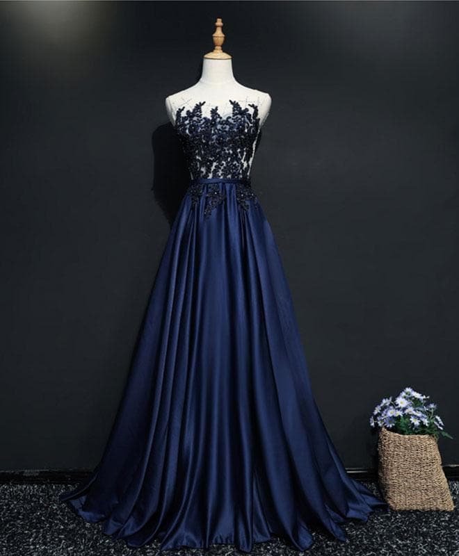 Dark Blue Satin Beading Long Prom Dress, Dark Blue Evening Dress