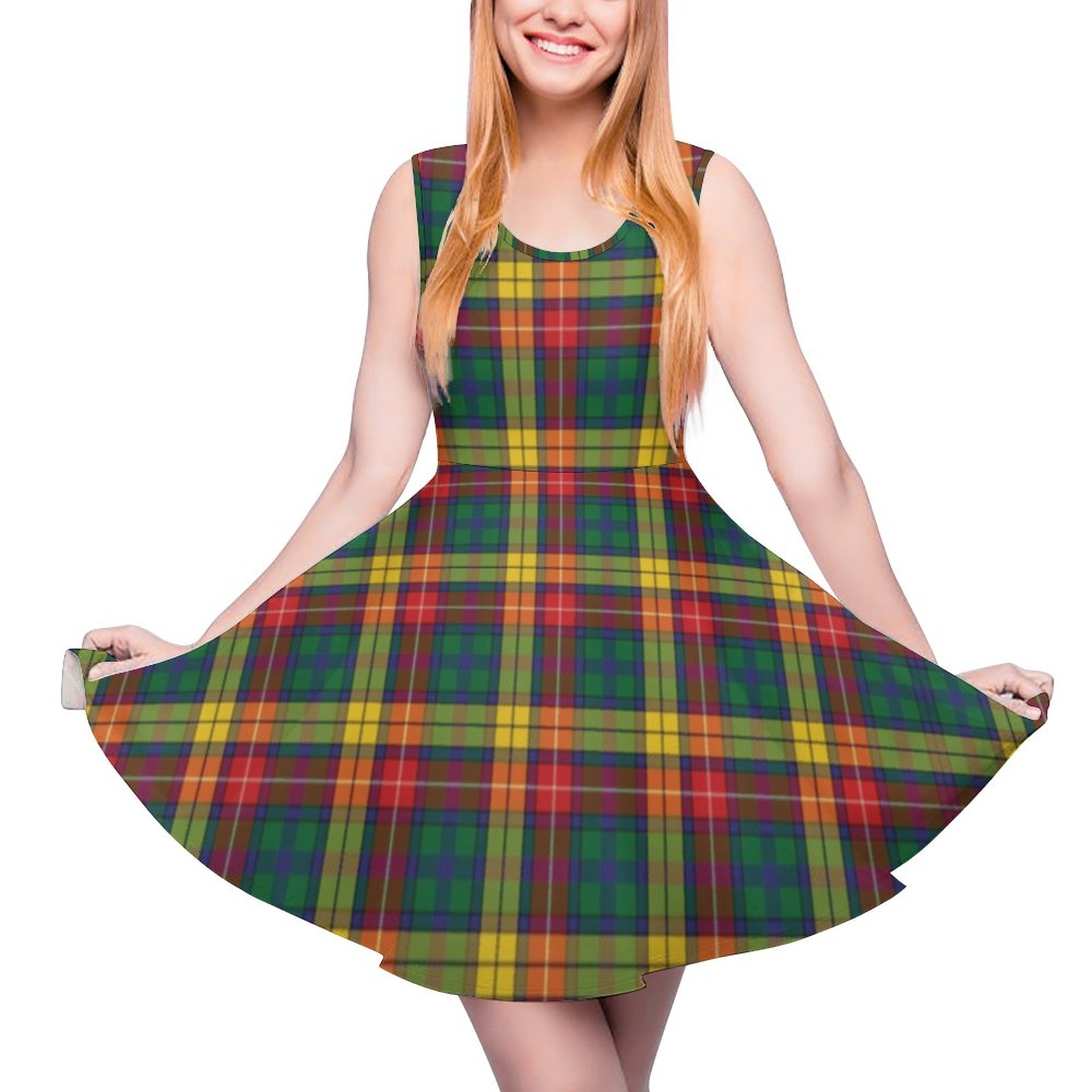 Clan Buchanan Scottish Plaid Red Green Yellow, Sleeveless Mini Skater  Dresses