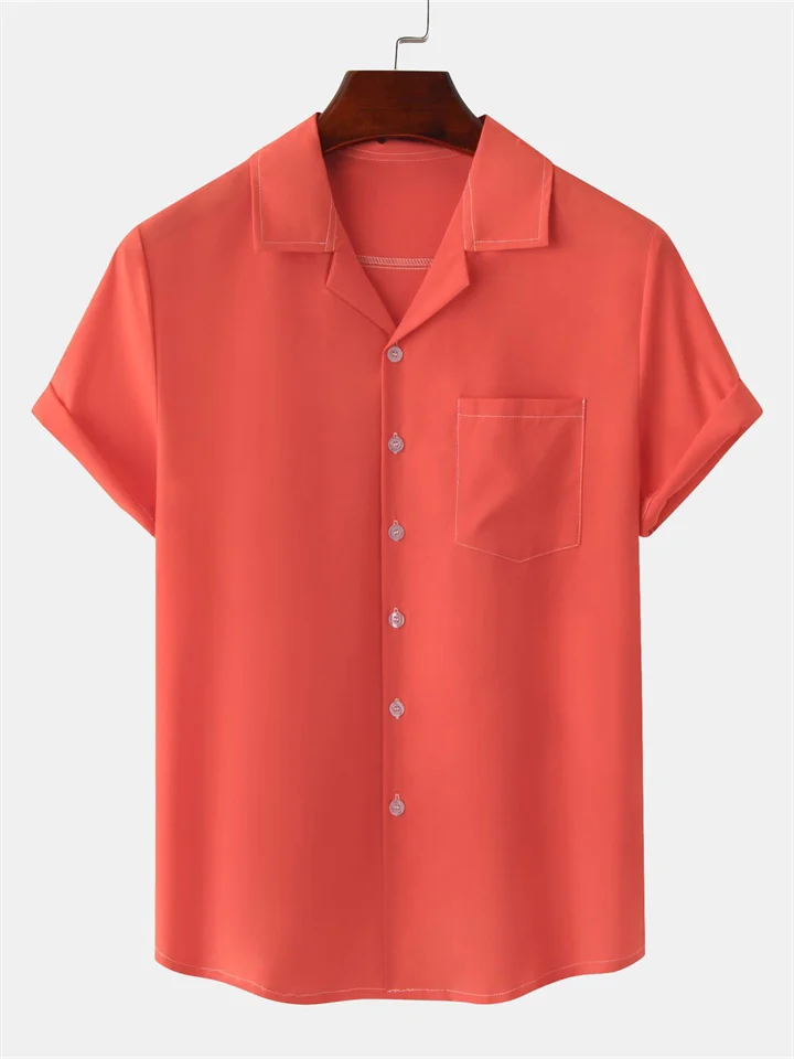 Men's Summer Lapel Solid Color Single-breasted Pockets Loose Short-sleeved Men's Linen Shirt Men's Cardigan-Cosfine