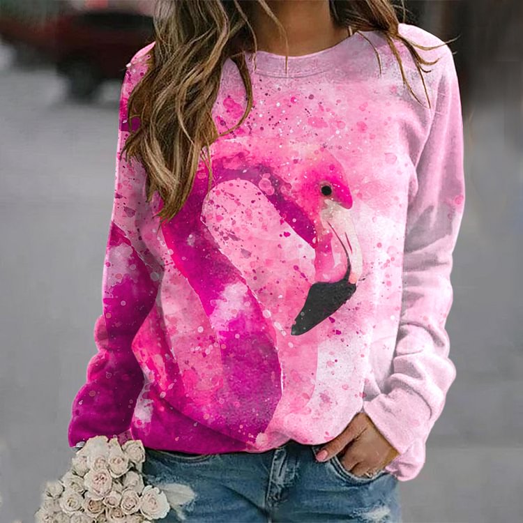 Comstylish Flamingo Print Casual Crew Neck Sweatshirt