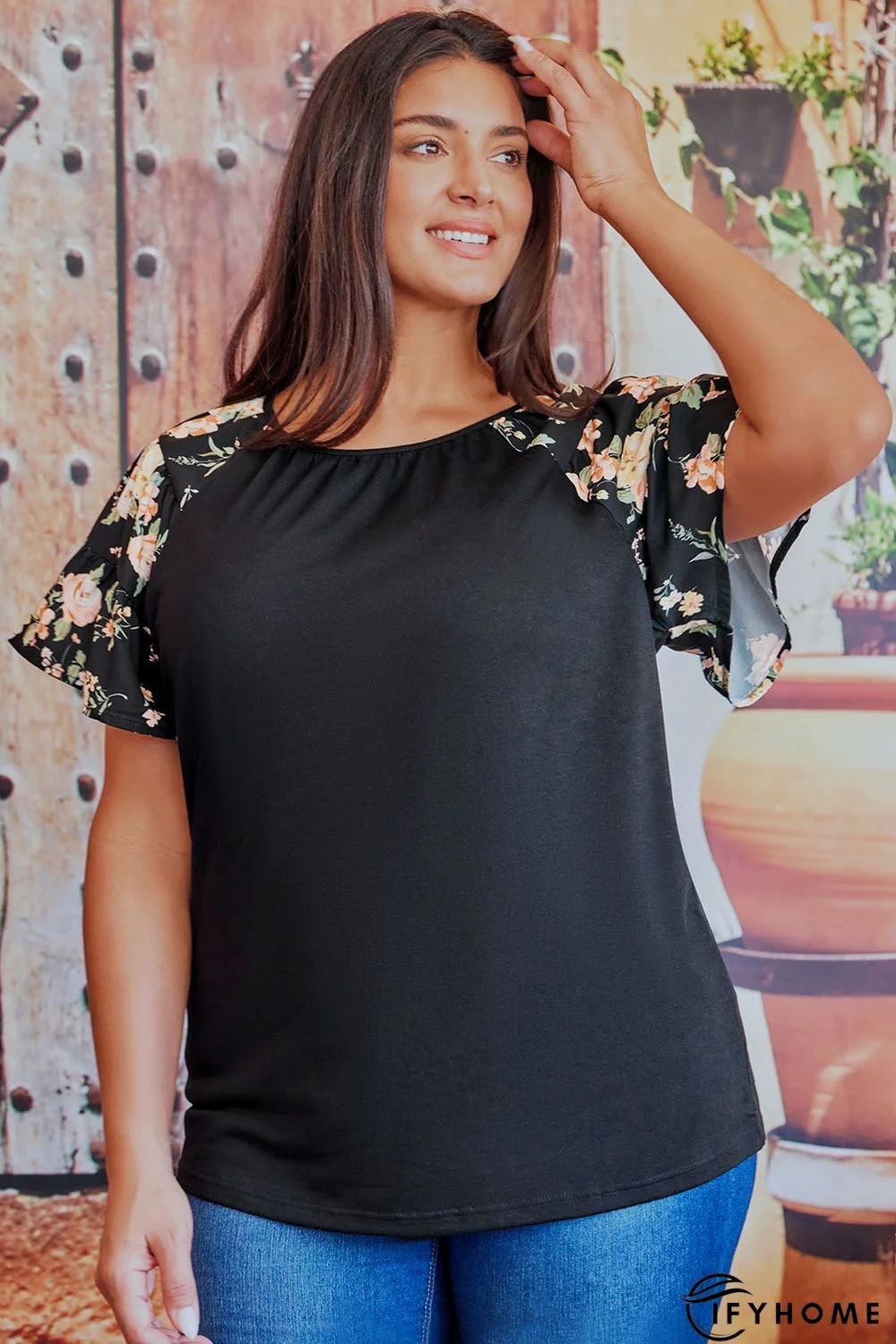 Black Floral Ruffle Sleeve Plus Size Top | IFYHOME