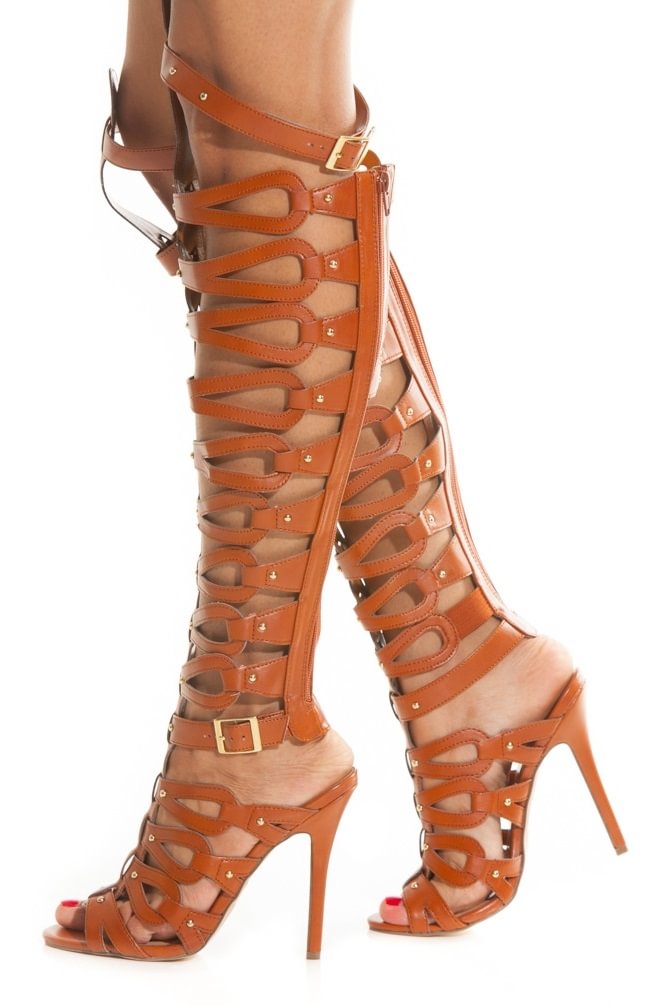 Tan Gladiator Heels Hollow Out Stiletto Heel Slingback Sandals |FSJ Shoes