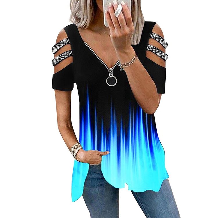 Sexy V-neck Zipper Up Loose Womens Blouse Hollow Out Short Sleeve Hollow Out Pullover Tops Casual Summer Blusa for Female D30 - BlackFridayBuys
