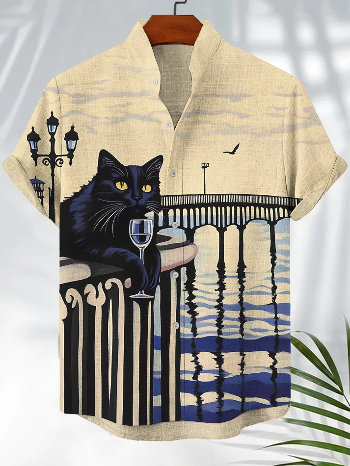 Men's Cat Drinking Holiday Print Short Sleeve Shirt