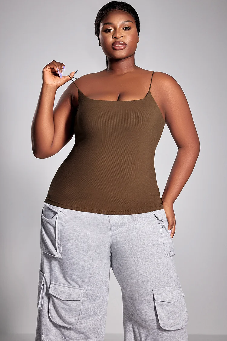 Plus Size Daily Cami Brown Rib Knit Camisole Versatile And Slim-Fitting Base Cami [Pre-Order]