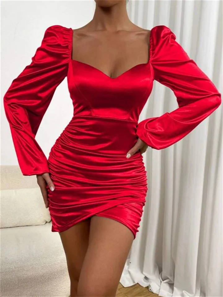 New Solid Color Irregular Dresses Women's Sweetheart Neckline Bubble Sleeve Wrap Hem Satin Pleated Smocked Models Tight Dresses-JRSEE