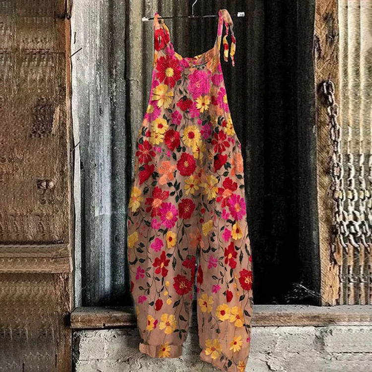 Flower Oil Painting Loose Casual Suspender Jumpsuit