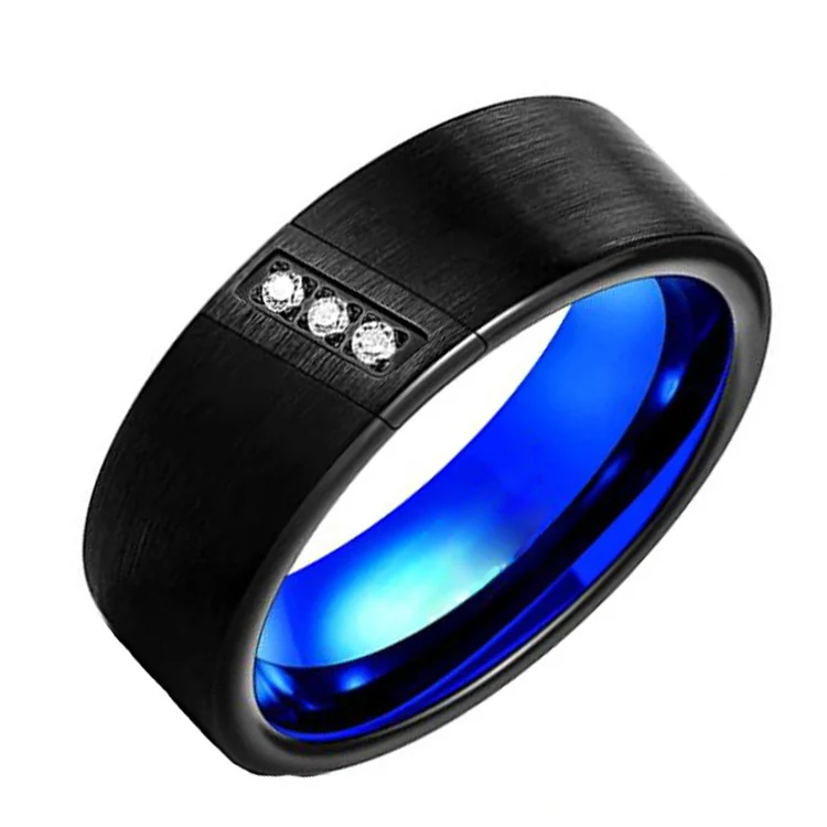 Silver/Blue Flat Tungsten Carbide Rings Wedding Band with CZ Stone Inlay for Men Women Channel custom