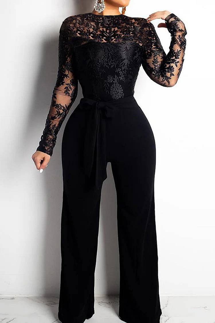 Xpluswear Plus Size Semi Formal See Through Lace Long Sleeve Black Jumpsuits