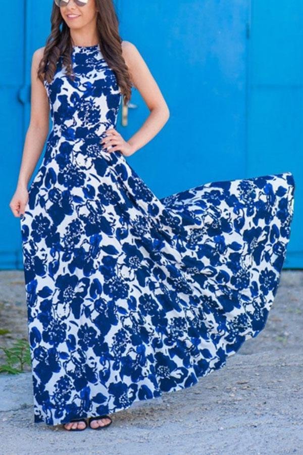 Fresh Print Round Neck Sleeveless Maxi Dress P12066