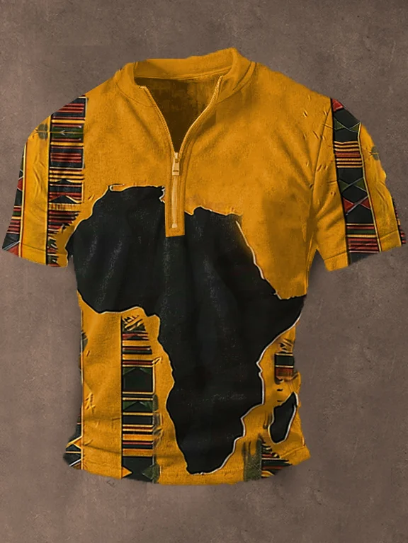 Men's Retro Primitive African Map Totem Print Zipper T-Shirt