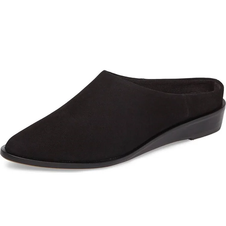 Women's Black Vegan Suede Mules Round Toe Comfortable Flats |FSJ Shoes