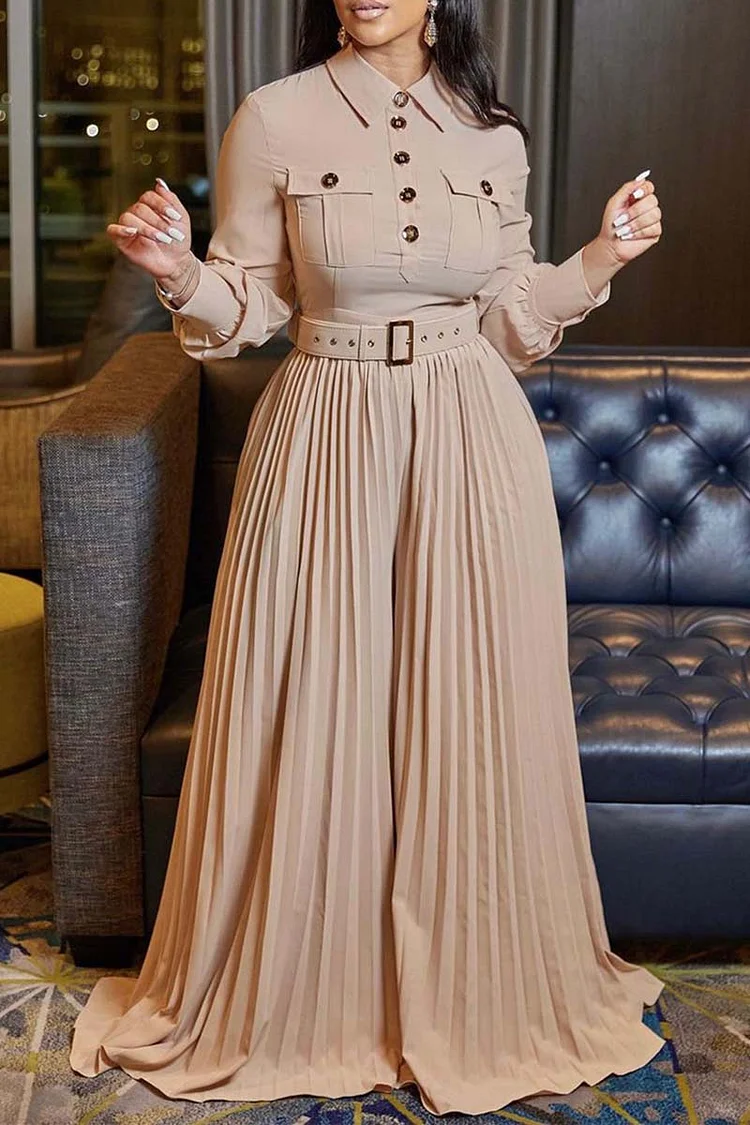 Button Up Pocket Turndown Collar Lantern Sleeve High Waist Pleated Wide Leg White Jumpsuit