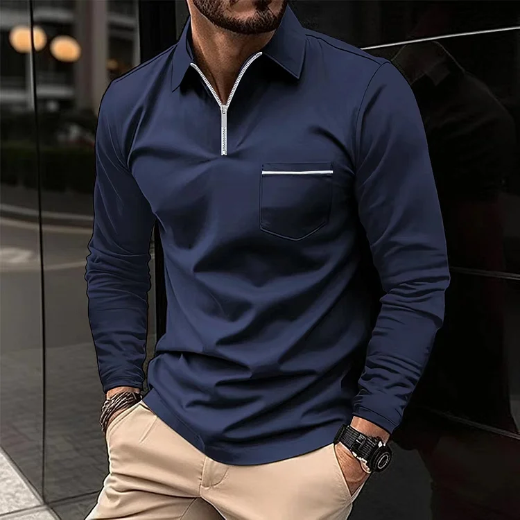 Men's Sporty Zipper Turndown Collar Pocket Long Sleeve Shirt