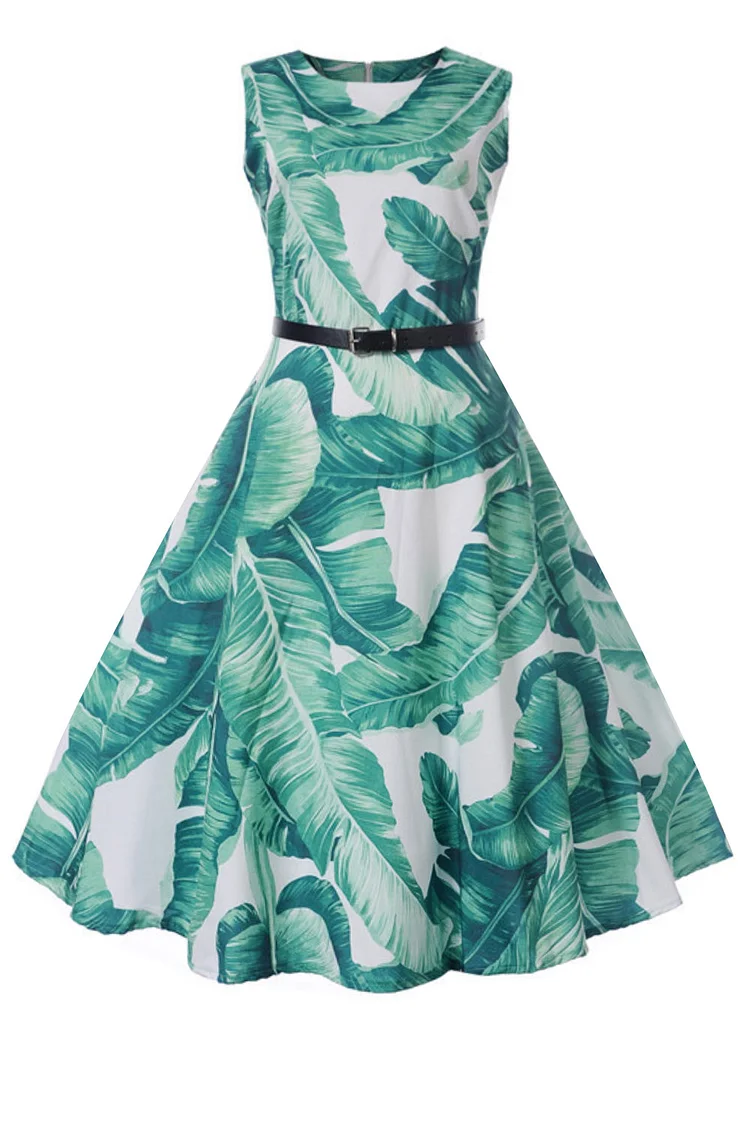 1950s Green Casual Tropical Print Fitted Waist Swing Midi Dress (With Belt)