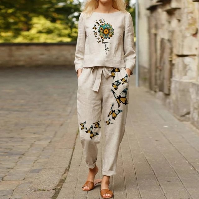 VChics Casual Butterfly Botanical Print T-Shirt Two Piece Set
