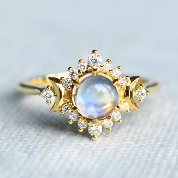 Triple Moon Goddess Moonstone and Diamond Ring