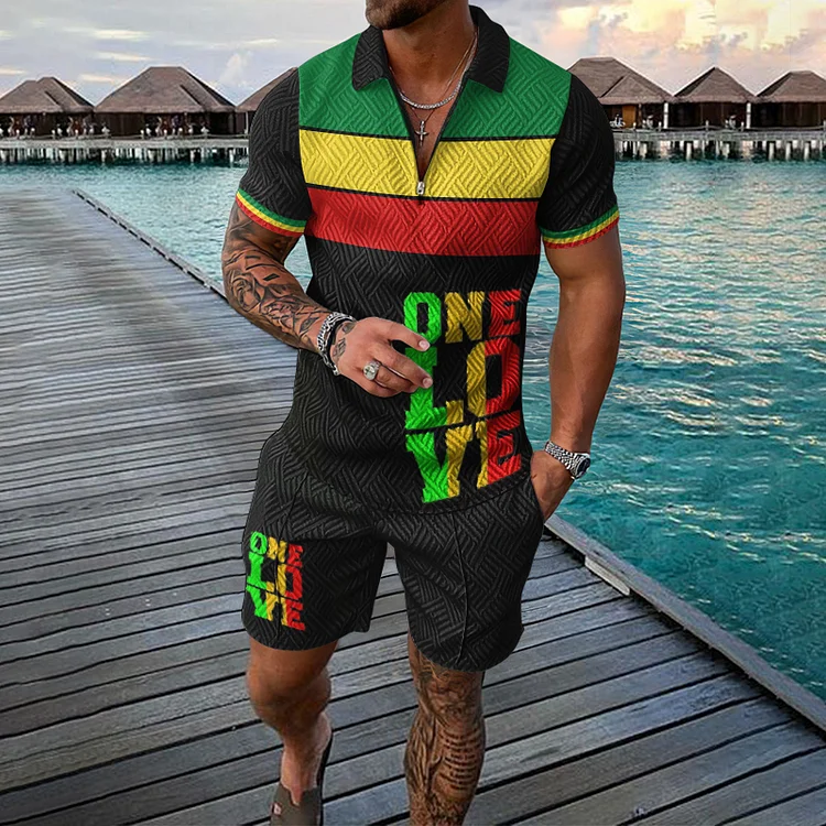 Broswear Reggae Music One Love Polo Shirt And Shorts Co-Ord