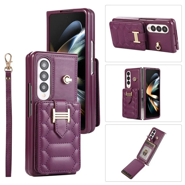 Crossbody Lanyard Leather Phone Case With Wrist Strap And 2 Cards Holder And Kicstand For Samsung Galaxy Z Fold3/Fold4/Fold5
