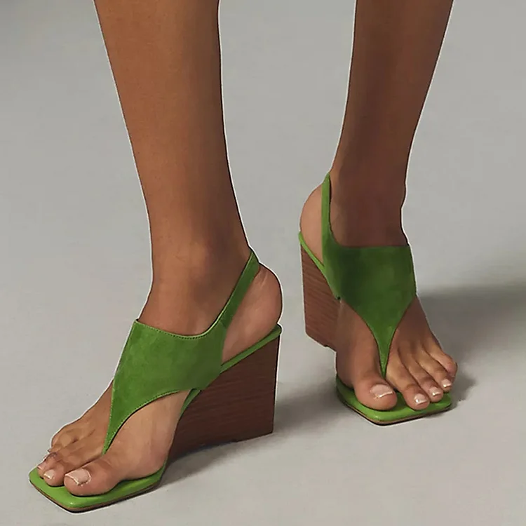 Green Wedge Sandals Women'S Classic Square Toe Heels Vintage Vegan Suede Shoes Thong Sandal |FSJ Shoes