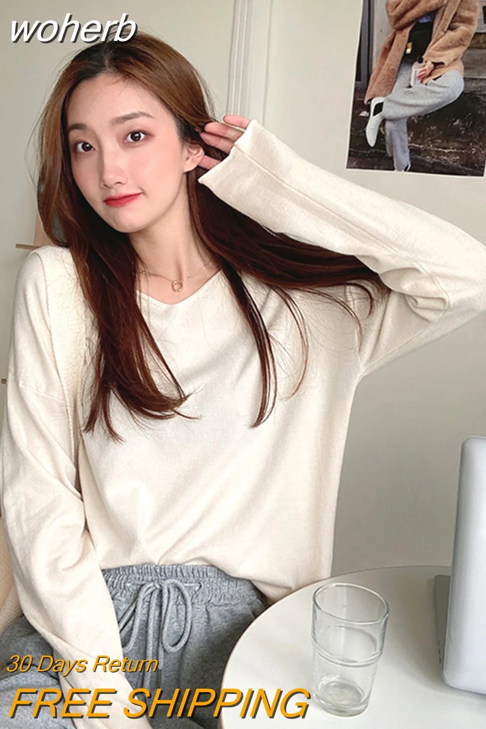 woherb Sleeve T-shirts Women Solid Simple V-neck All-match Various Colors Tops Autumn Female Elegant Tender Ins Popular Soft Chic