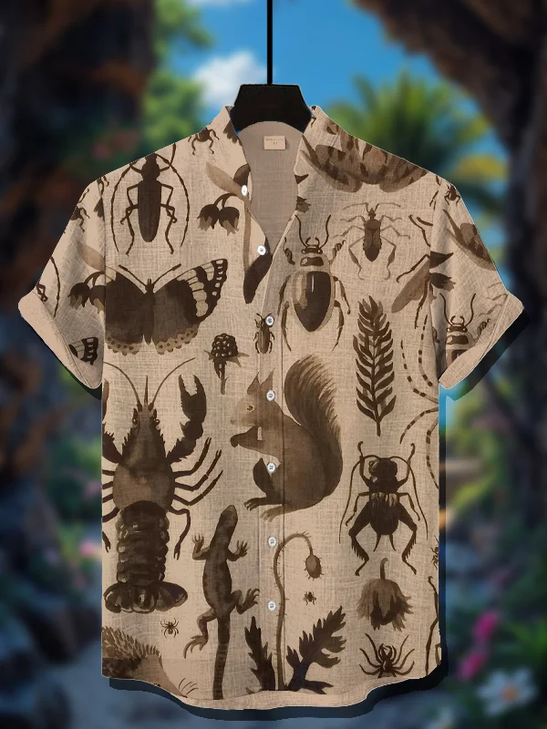 Men's Vintage Squirrel Lobster Gecko Insect Print Casual Shirt