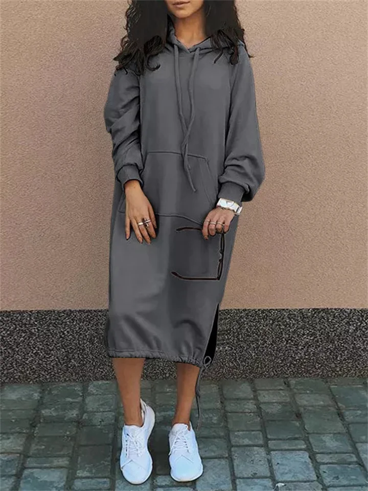 Hot Explosive Solid Color Large Size Long Pocket Sweater Autumn and Winter Comfortable Casual Hooded Dresses for Women-JRSEE