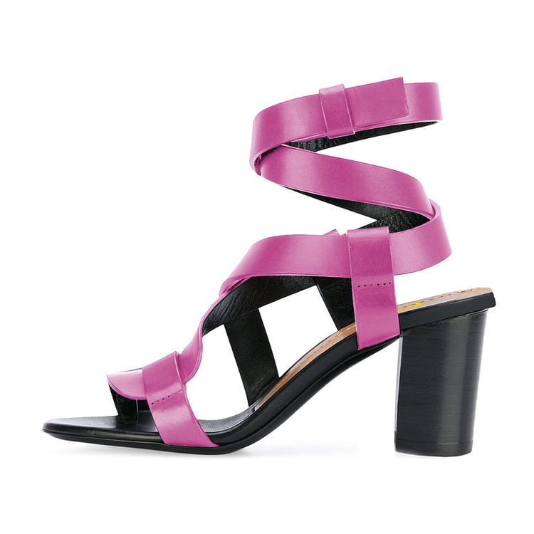 Hot Pink Strappy Sandals Toe-knob Block Heels |FSJ Shoes