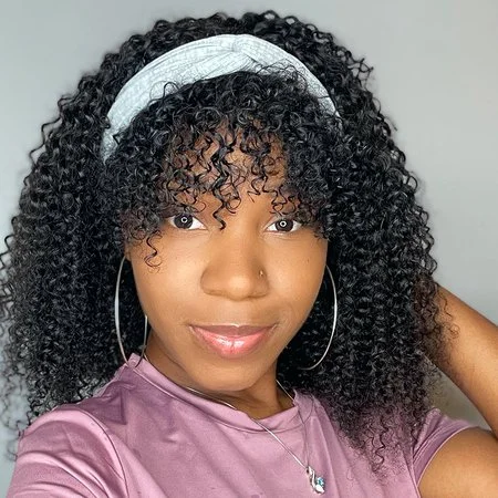 WEQUEEN Kinky Curly Headband Wig With Bangs Natural Black Style