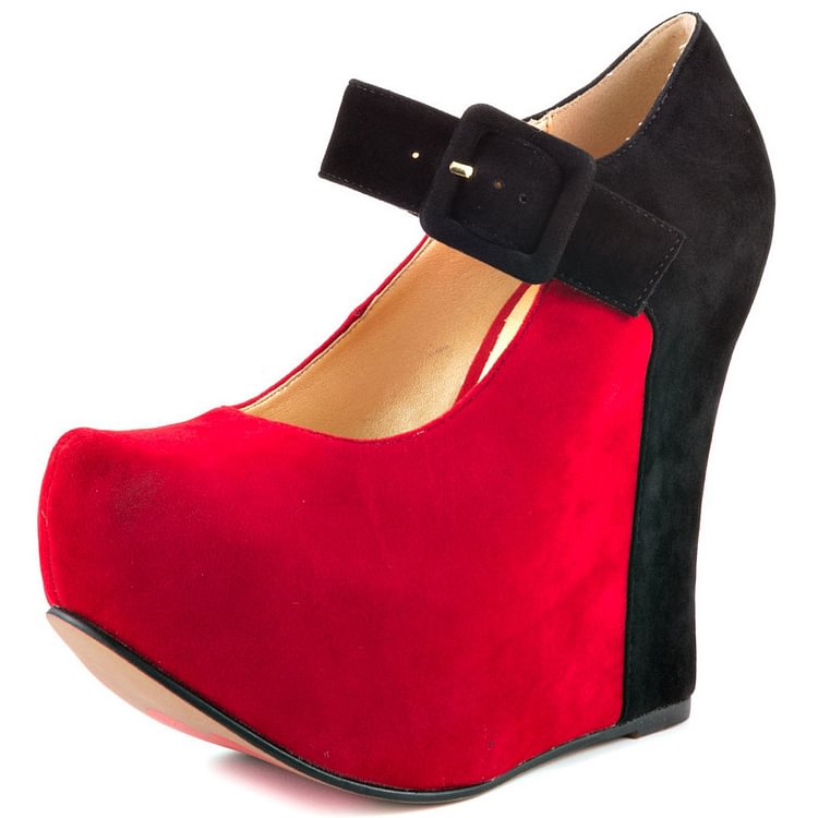Red and Black Closed Toe Wedges Suede Platform Pumps US Size 3-15 |FSJ Shoes