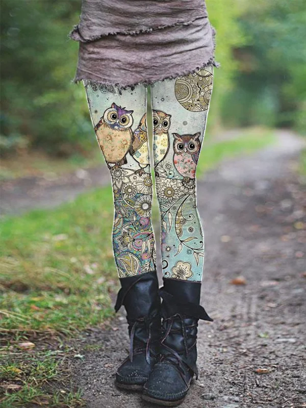 casual women's casual owl print stretch pants