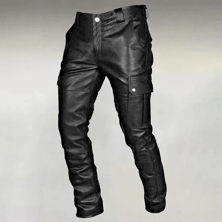 Men's Casual Solid PU Leather Utility Pocket Belt Pants