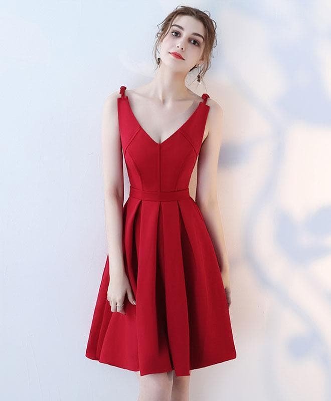 Simple Burgundy V Neck Short Prom Dress, Homecoming Dress