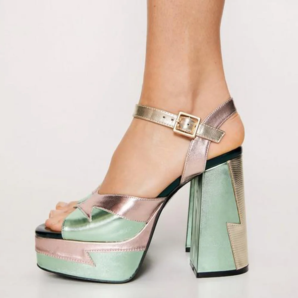 Multicolor Opened Toe Ankle Strappy Platform Sandals With Chunky Heels Nicepairs
