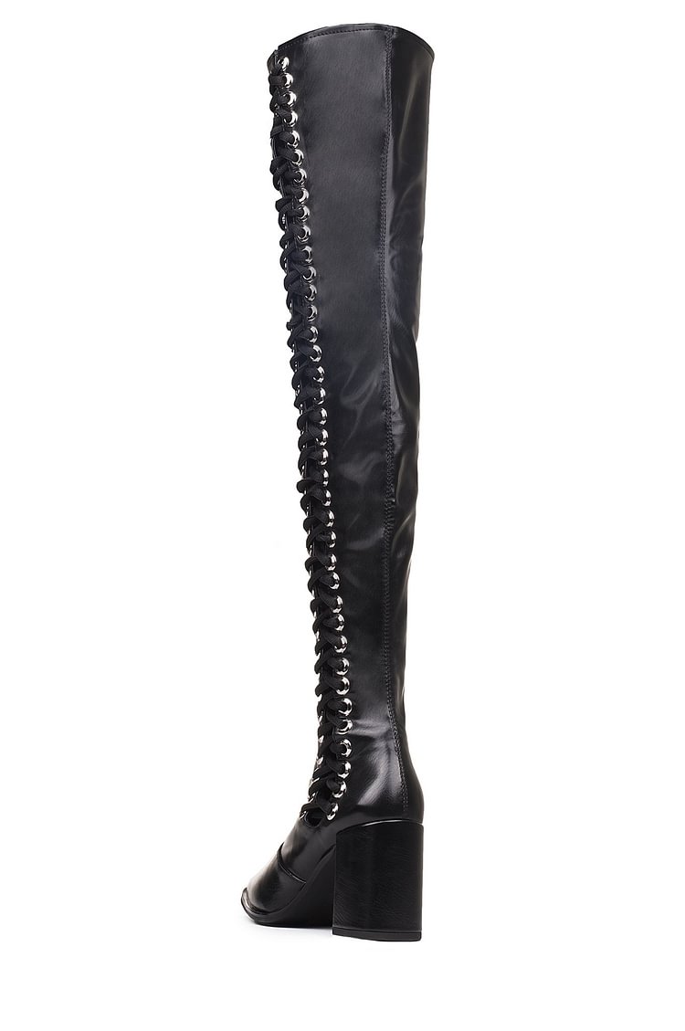 Black Lace Up Boots Slouch Chunky Heel Thigh High Boots |FSJ Shoes