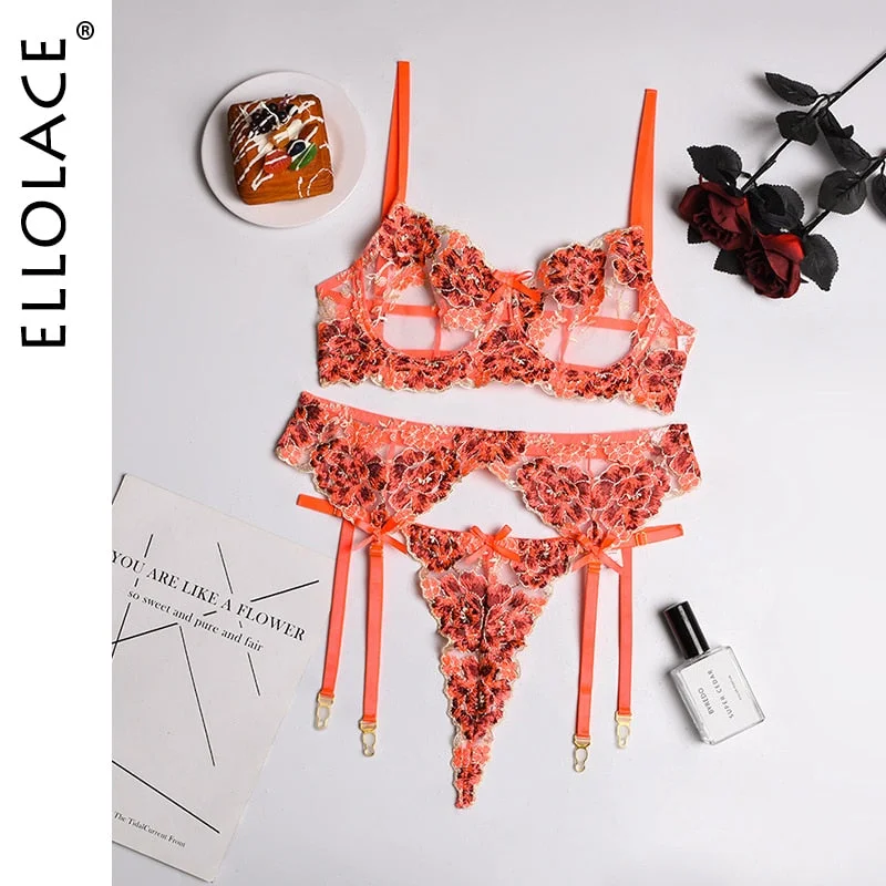 Ellolace Floral Lingerie Underwear Piece Set Sexy Transparent Short