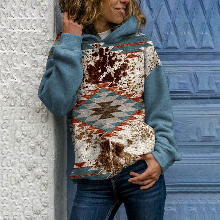 Vefave Vintage Western Colorblock Print Hoodie