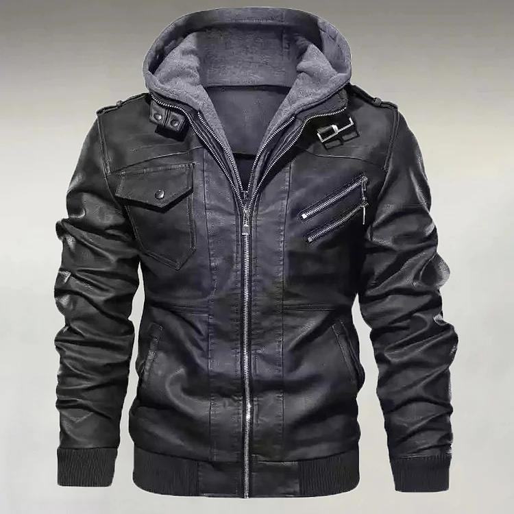 Men's Camouflage Pattern Multi-Pocket Zipper PU Leather Hooded Jacket