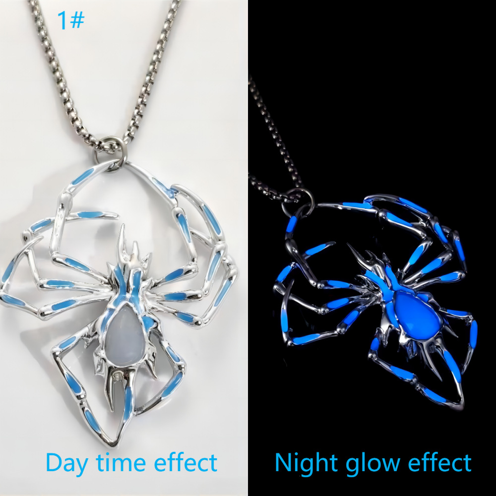Glow-in-the-Dark Stainless Steel Spider Pendant Necklace